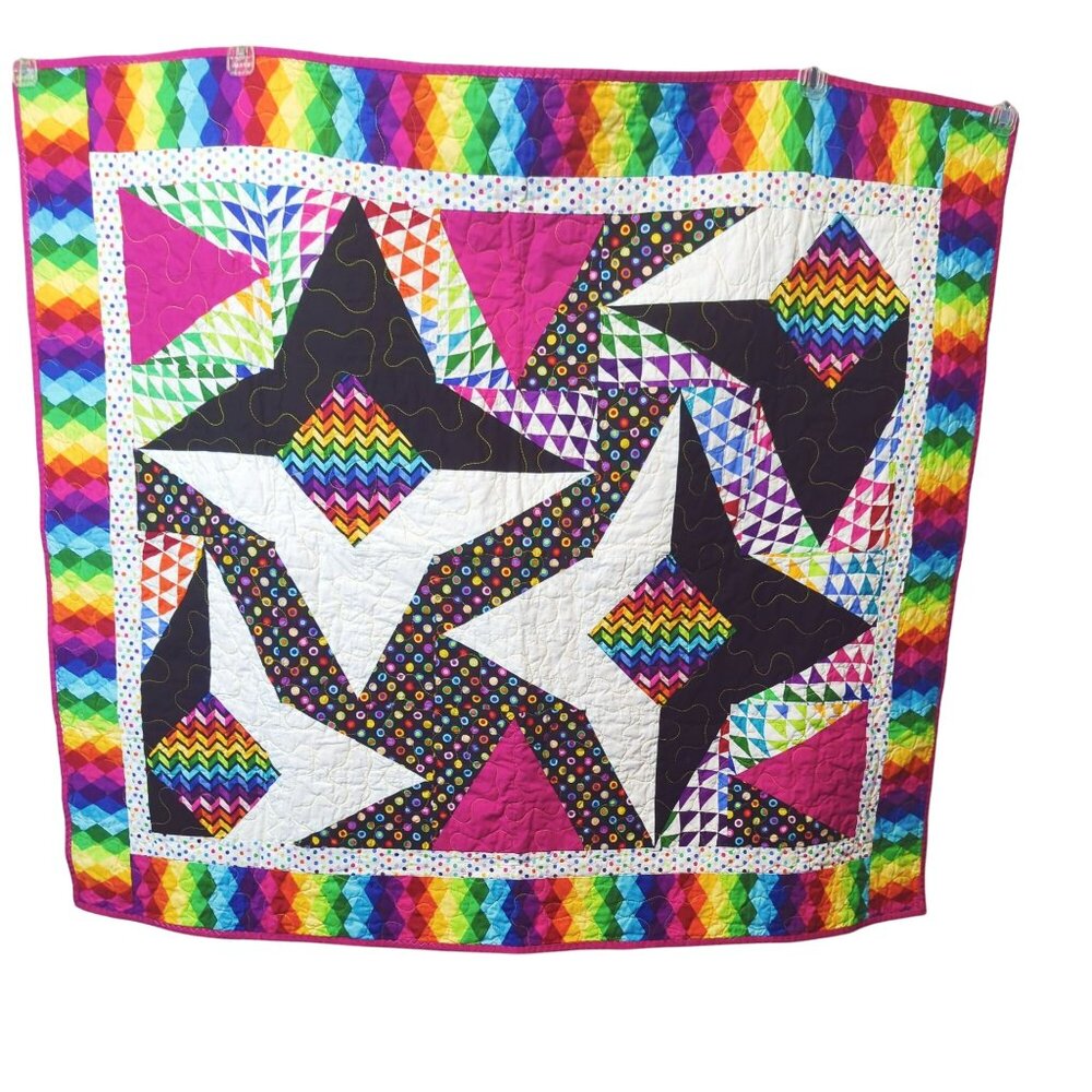 Handmade Modern Quilt Geometric Rainbow Stars 47" x 41" Baby Lap or Wall Hanging